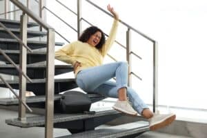 A woman holding her low back at the base of the stairs after a slip and fall accident