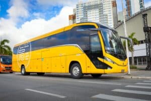 Public transit bus driving on the street